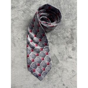 Puritan Mens Silk Necktie Grey Burgundy Geometric Pattern Hand Made Classic Tie